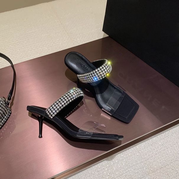 One-strap Rhinestone Stiletto Square Toe High-heeled Sandals For Women Stiletto Sexy Transparent Half-slippers For Women_vogvips.com