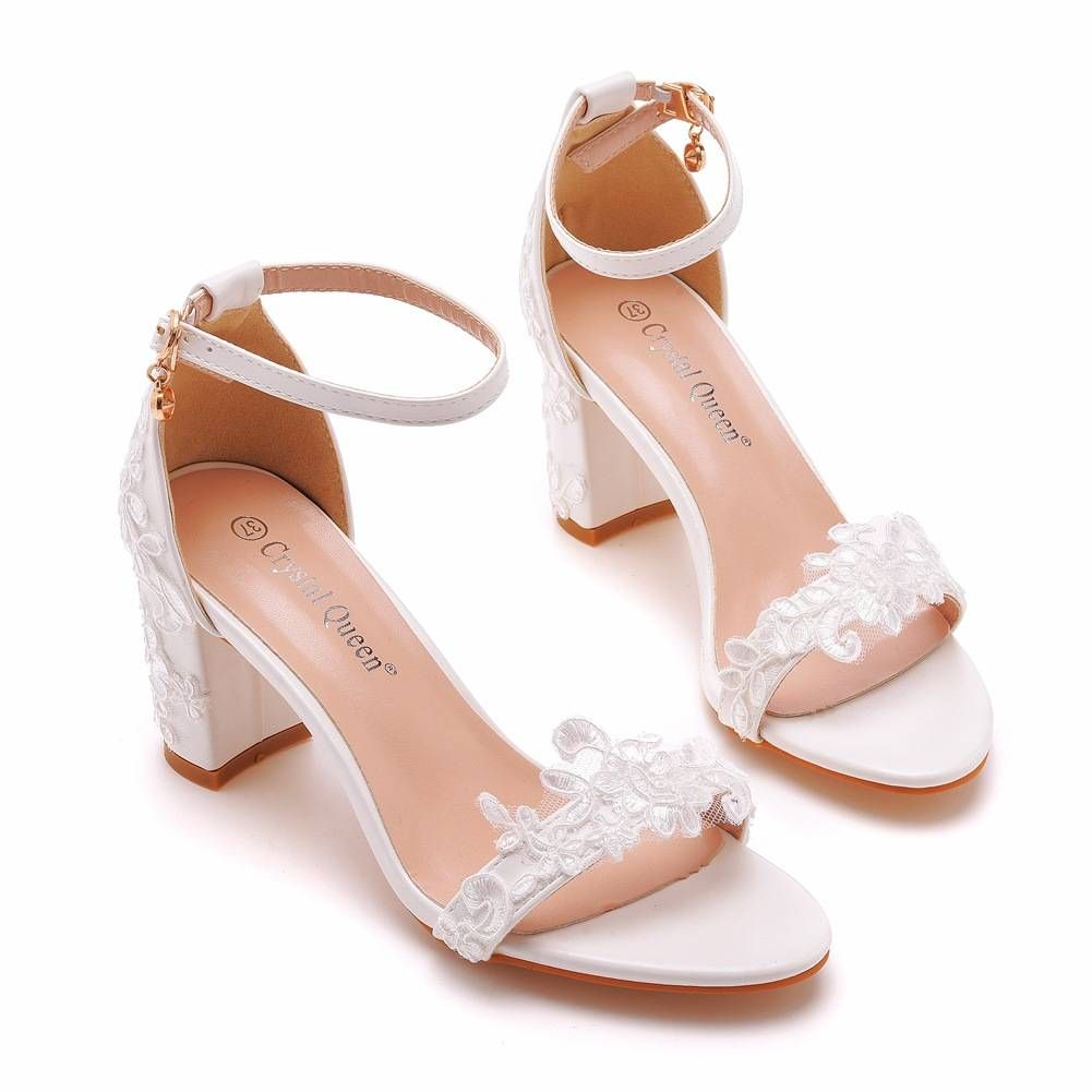 Women’s Shoes 7cm thick heel sandals shallow mouth one strap square heel buckle sandals white lace bride wedding shoes high heels_vogvips.com