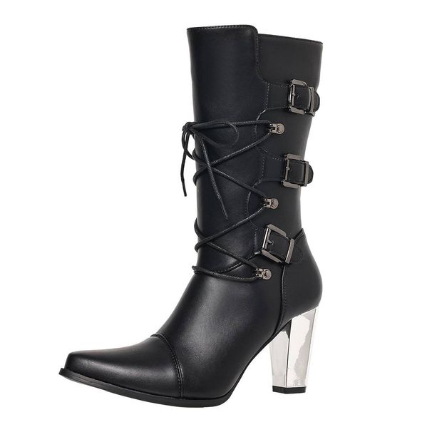 Women's Fashion Boots With Embroidery - Chunky Heel Mid-Calf Leather Boots For Fall/Winter - Side Zipper Closure, Pointed Toe, Black & Burgundy_vogvips.com