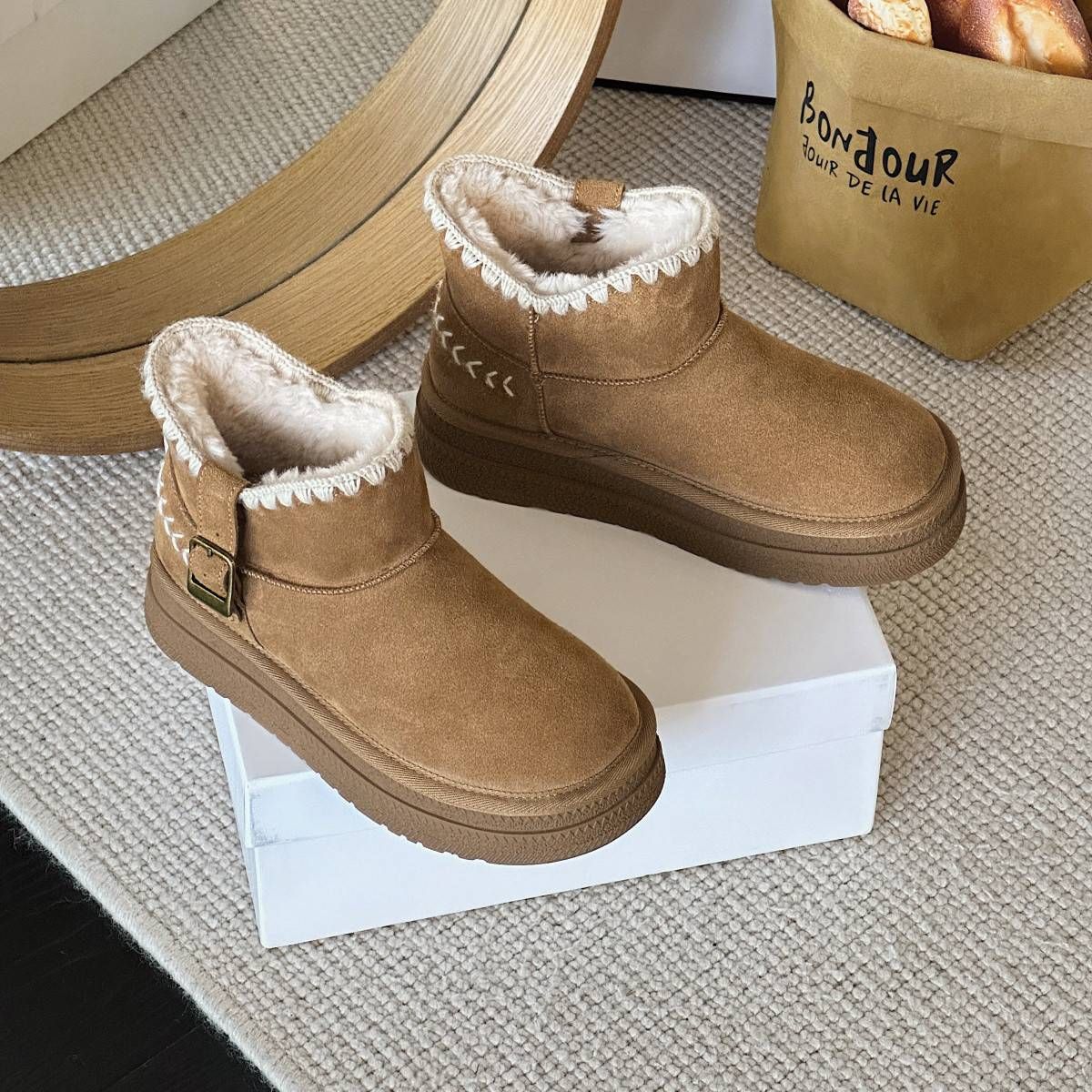 Cameido Fleece And Thickened Comfortable Thick-Soled Snow Boots For Women 2025 Winter Embroidered Belt Buckle Sleeve Cotton Boots Ankle Boots_vogvips.com