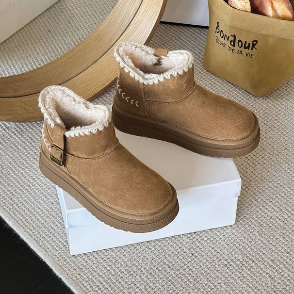 Cameido Fleece And Thickened Comfortable Thick-Soled Snow Boots For Women 2025 Winter Embroidered Belt Buckle Sleeve Cotton Boots Ankle Boots_vogvips.com