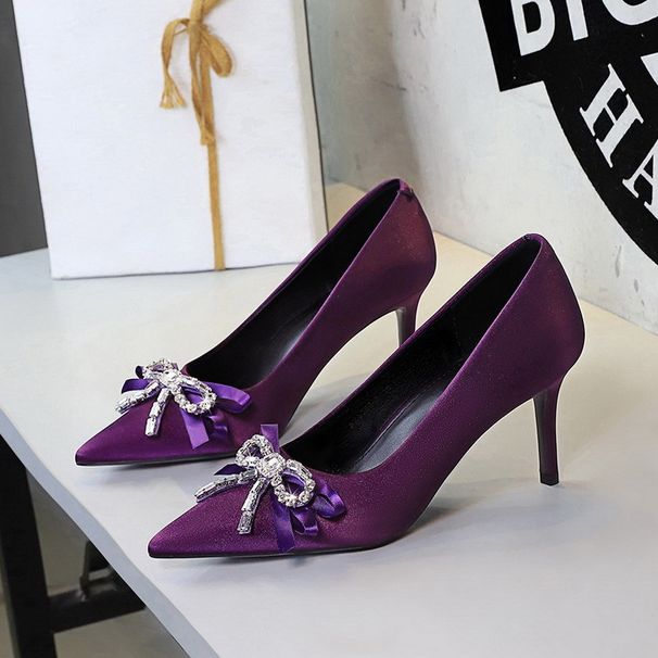 Women's Stiletto Heel Pumps French Elegance Exquisite Rhinestone Ribbon Bow Slip On Satin Stiletto Heels For Women_vogvips.com