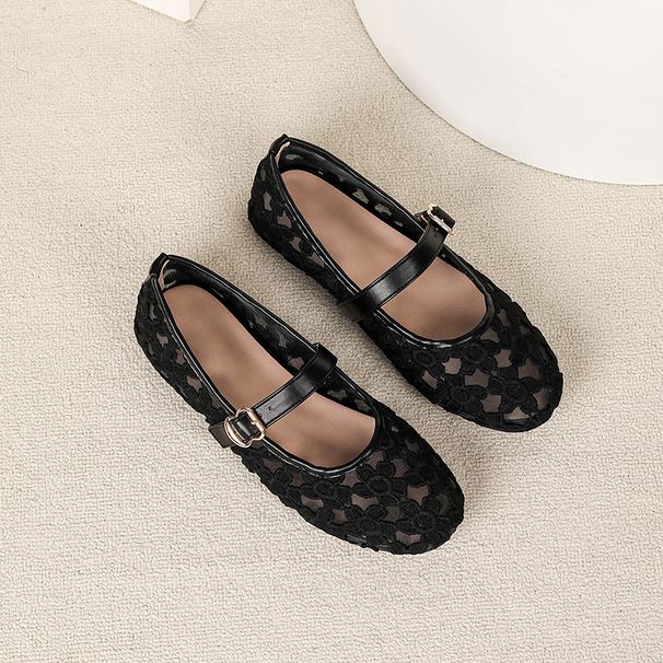 Women's Lace Flat Shoes, Flower Mesh Round Toe Ballet Shoes, Adjustable Casual Flat Shoes, Suitable For Daily Lightweight And Comfortable Formal Shoes_vogvips.com