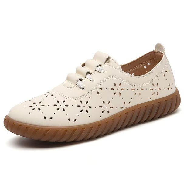 Soft Leather Beef Tendon Soft Sole Doudou Shoes Medium And Old Flat Shoes Single Shoes Women's One Pedal Hollow Hole Shoes Lazy Shoes_vogvips.com