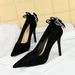 3391-H62M Wind Stiletto Ultra High Heels With Water Diamond Rear Bow Decoration Pointed Shallow Mouth Suede Single Shoe_vogvips.com