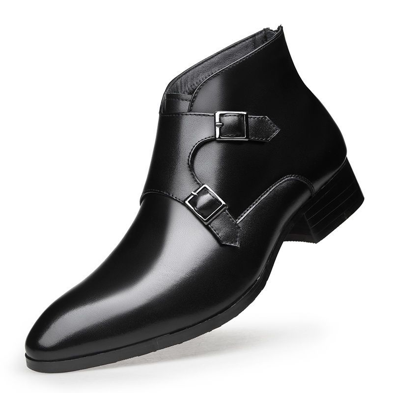 Genuine men's short boots, winter plush insulation, pointed high top leather shoes, British style_vogvips.com