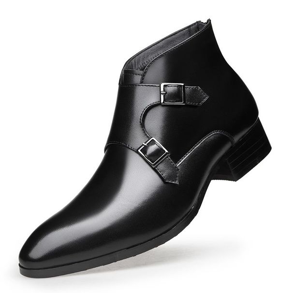 Genuine men's short boots, winter plush insulation, pointed high top leather shoes, British style_vogvips.com
