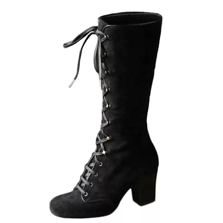 Autumn Winter Wish Cross-Border Mid-Calf Women's Boots Flat Toe Chunky Heel Front Lace-Up Ridin Heiht_vogvips.com