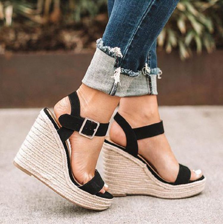 Women's Plus Size Fish Mouth Wedge Sandals Open Toe Ankle Strap_vogvips.com