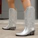Cross-Border European And American Mid-Calf Fashion For Women, Large Size, Retro Thick Heel, Wrinkled Slip-On V-Cut_vogvips.com