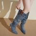 Autumn Winter New European American Style Pointed Toe Mid-Heel Denim Women's Pleated Slouch Thin Heel Slimming_vogvips.com