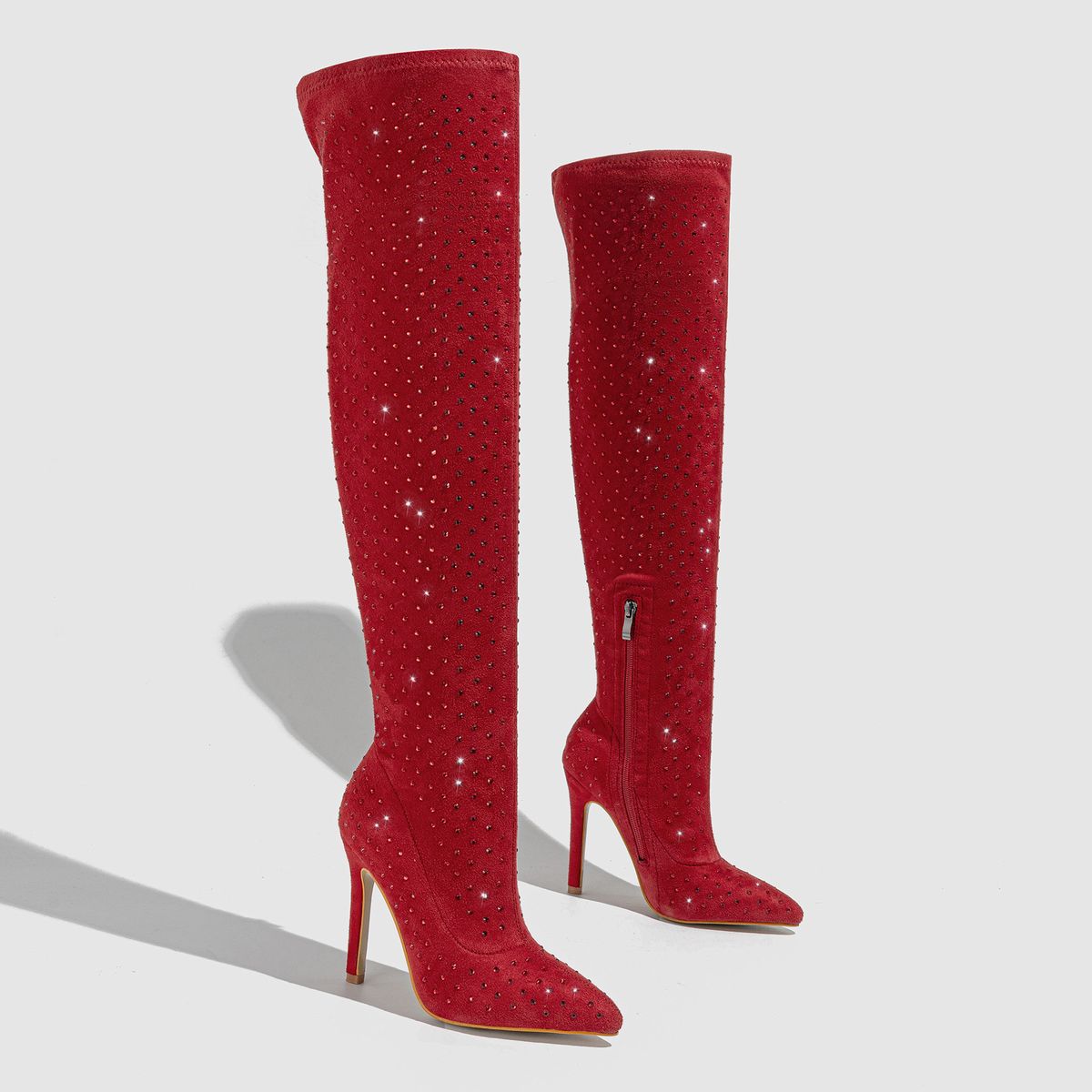 Women's Rhinestone Knee-High Boots Pointed Toe Side Zipper Comfortable Wide Fit Fashion Stiletto Heels_vogvips.com