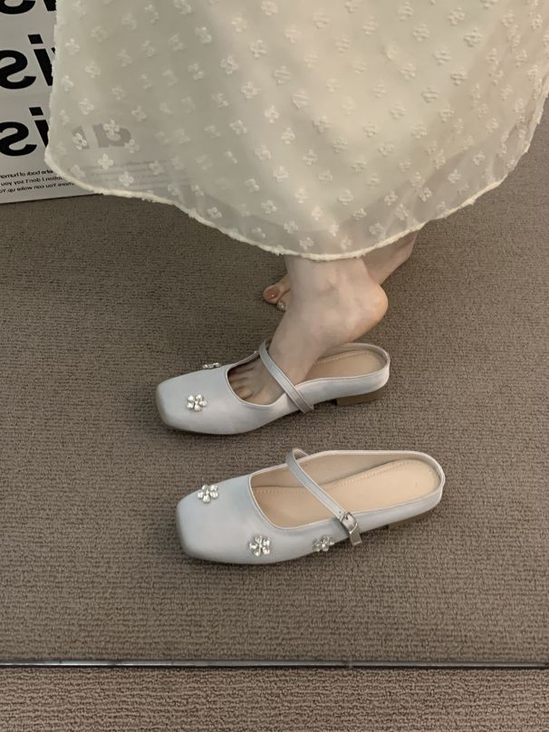 French Style High-End Silver Closed-Toe Mules Women's Shoes Outdoor Wear 2025 New Spring Summer Gentle Mary Jane Flats_vogvips.com