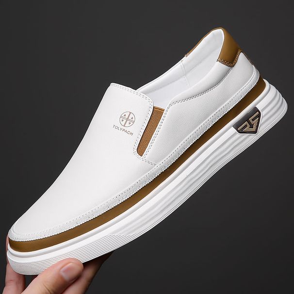 Suitable For All Seasons Spring And Summer Men's Casual Shoes, Slip-On White Genuine Leather Non-Slip Soft Sole Middle-Aged Dad Driving Loafers_vogvips.com