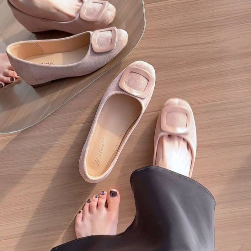 Soft Leather Pink Buckle Shallow Mary Jane Women, New French-style Square Toe Suede Flat Soft-soled Shoes For Spring And_vogvips.com