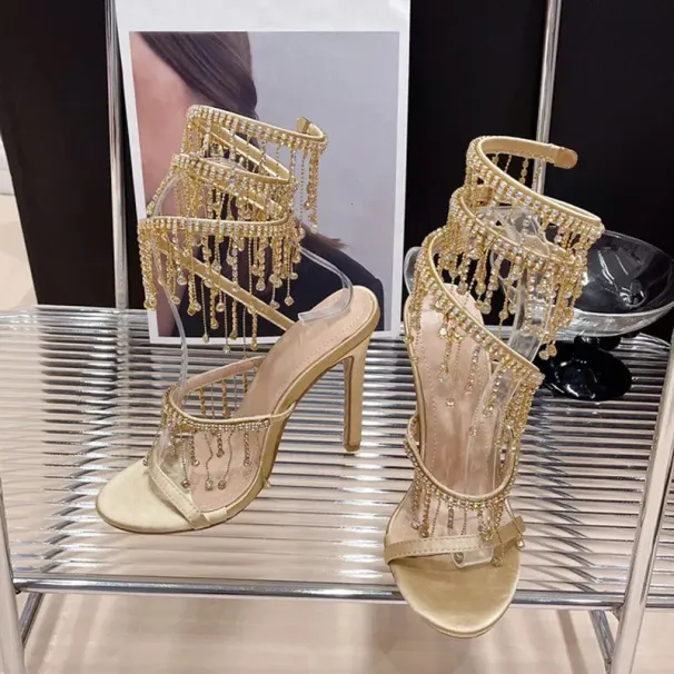 Liyke Elegant Women Wedding Banquet Shoes Fashion Crystal Tassel Twining Stiletto Sandals Sexy Open Toe Stripper Heels_vogvips.com