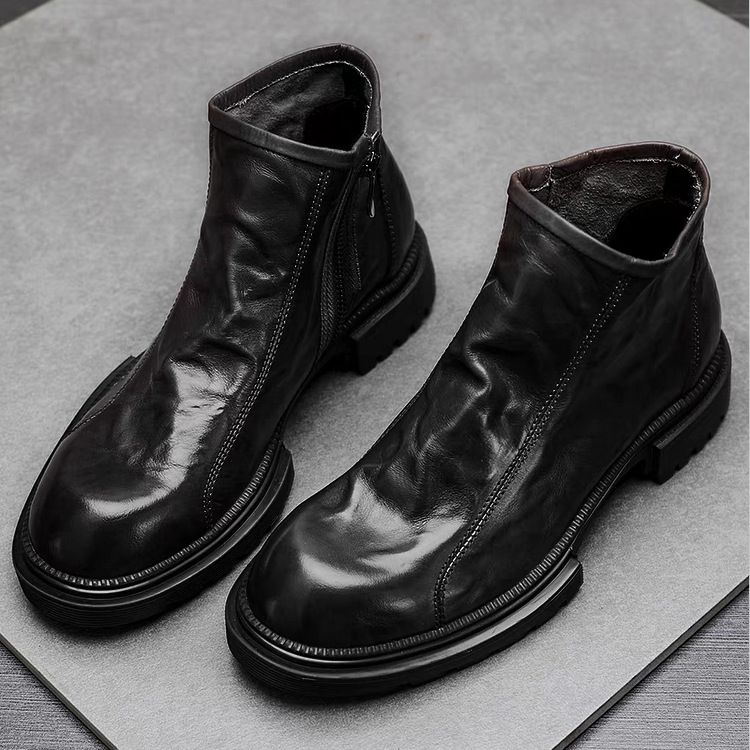 European Warm Series Genuine Leather Top Layer Cowhide Martin For Men, Autumn And Winter, Fleece-Lined, Fashionable High-Top Thick-Soled_vogvips.com