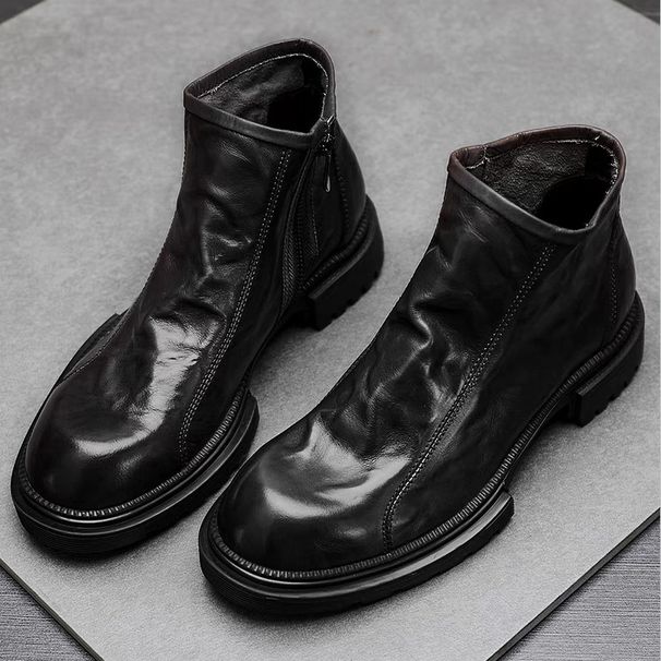 European Warm Series Genuine Leather Top Layer Cowhide Martin For Men, Autumn And Winter, Fleece-Lined, Fashionable High-Top Thick-Soled_vogvips.com