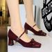5296-H81 Mary Jane For Women, Chunky Heel, Bowknot, Shallow Mouth, Square Toe, Suede, Rhinestone Buckle, One-Strap_vogvips.com