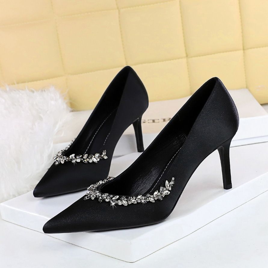 High Heels Thin Heel Light Mouth Pointed Satin Rhinestone Thin High Heel Single Shoes Women_vogvips.com