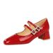 1389-1 Daily Versatile Sweet Mary Jane Women's Shoes Mid Heel Lacquered Leather Shallow Mouth Round Head Water Diamond_vogvips.com