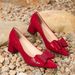 Women’s Pointed‑Toe Block Heel Pumps, Croc‑Embossed Bow Decor Slip‑On Dress Shoes, Mid Chunky Heel Patent‑Look Evening Footwear_vogvips.com