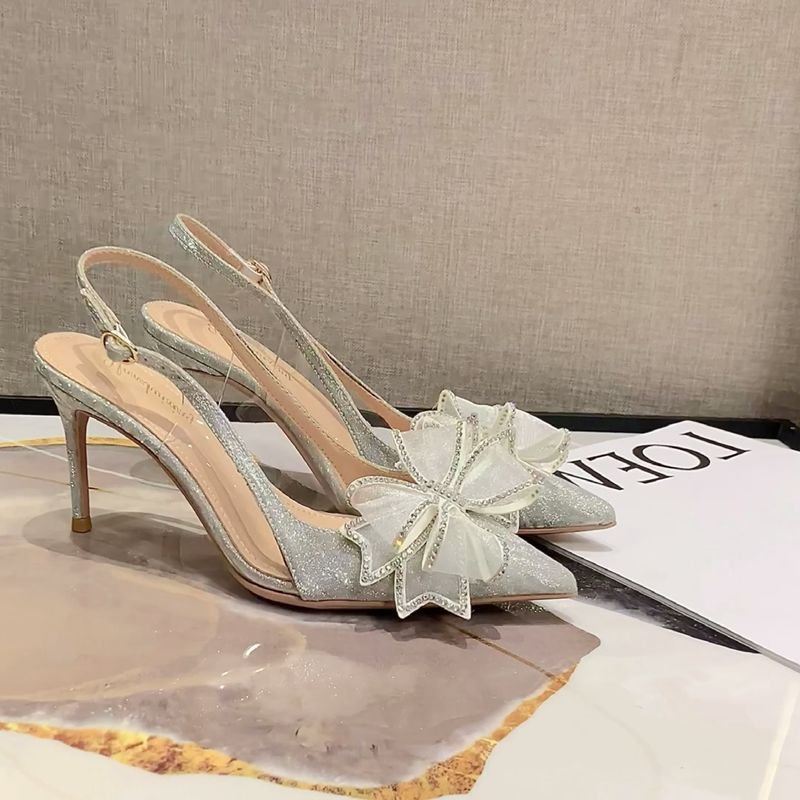 2025 Spring And Autumn High Heels Pointed Toe Stiletto Heel Backless Shoes Transparent Bow Rhinestone Sandals For Women_vogvips.com