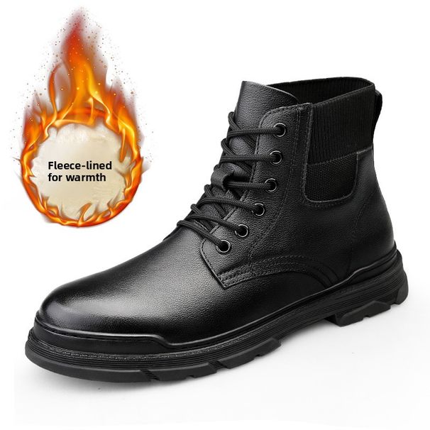 Top Martin Boots Men's, Fleece Cotton Boots Black Leather Boots High Top Shoes Wind Tooling Boots_vogvips.com