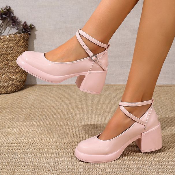 Women's Plus Size Round Toe High Heeled Mary Jane Shoes Autumn Cross Strap Chunky Heel Single Shoes For Comfortable Walking_vogvips.com