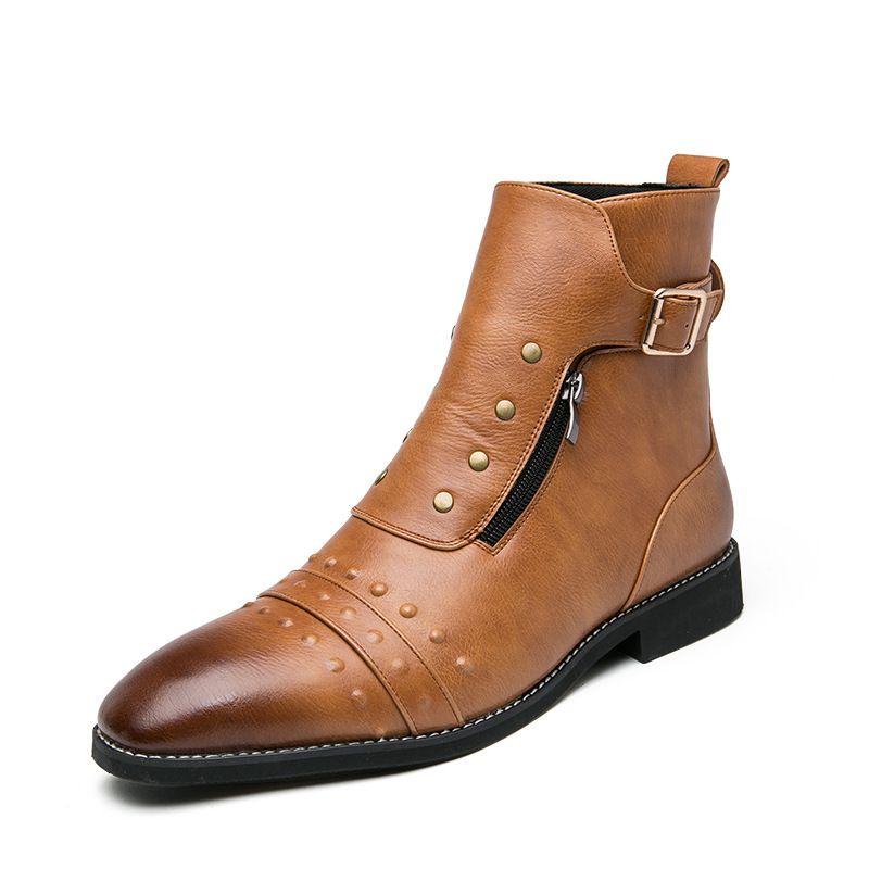 Men's Classic Pointed Toe Martin Boots - Stylish High Top Leather Boots For Autumn, Slip-Resistant & Comfortable, (Brown/Black/Red)_vogvips.com