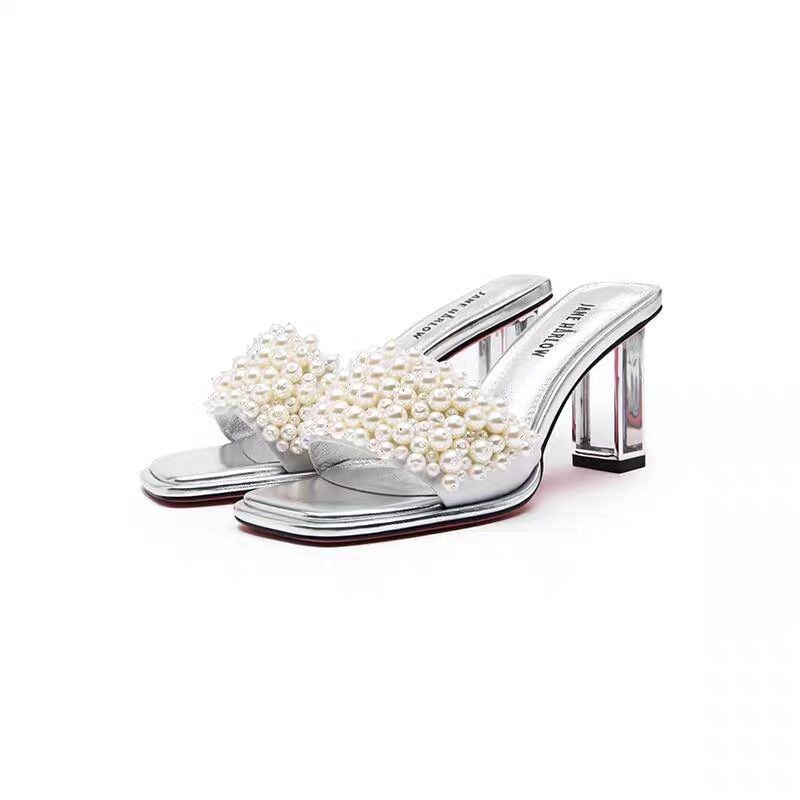 Elegant High Heeled Sandals Open Toe Stiletto Heel Square Pearl Strap Women's Fashionable European American Style Slip-On Slippers_vogvips.com