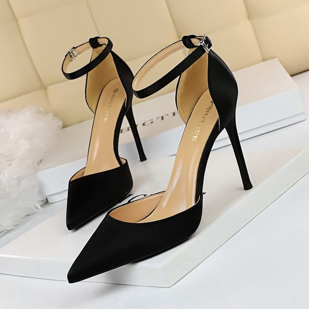 9863-5 Simple High Heel Satin Shallow Mouth Pointed Hollow Sexy Nightclub Slim Sandals_vogvips.com
