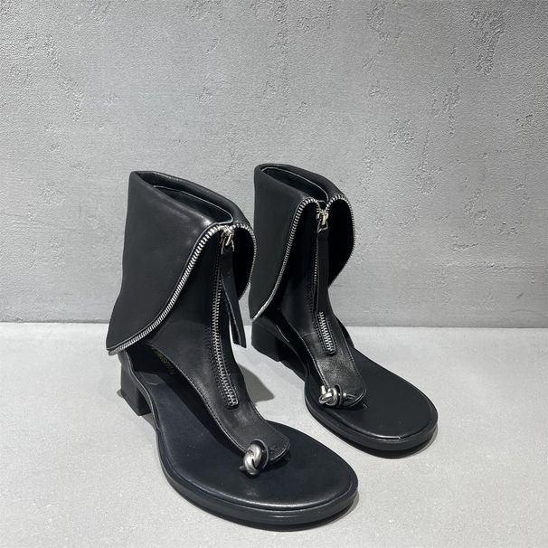 Women's Round Toe Flat Shoes Spring New Genuine Leather Comfortable Versatile Front Zipper Thong Roman Sandals_vogvips.com