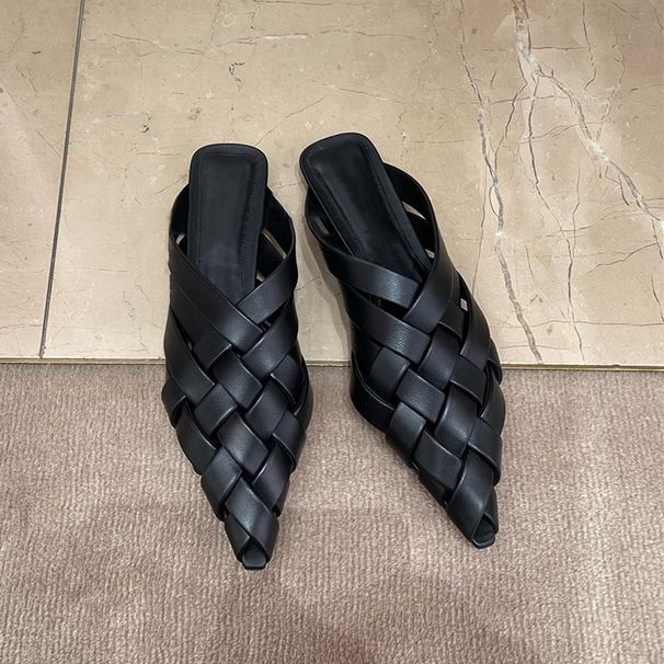 Ready to ship~ Genuine leather pointed toe hollow woven half slippers for women summer flat sandals mules sandals_vogvips.com