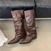 Women's Pointed Toe Buckle Pleated Slouch Boots Punk Style Mid Heel High Top Pants Boots Spring Autumn Hot Girl Riding Boots_vogvips.com