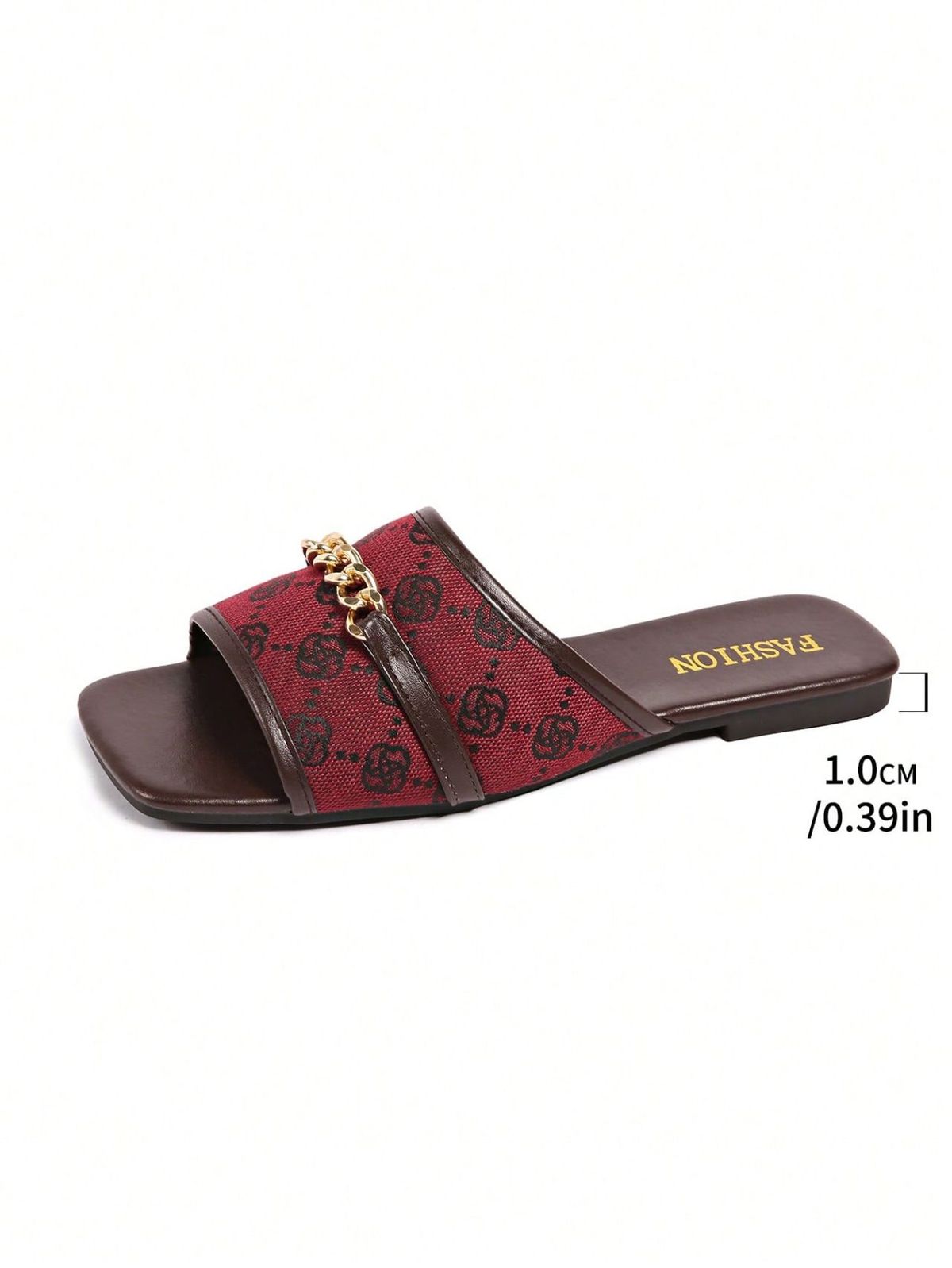 2026s New Women's Plus Size 36 43 Flat With Metal Chain Buckle Print Design Square Open Toe Outdoor Beach Slippers Free_vogvips.com