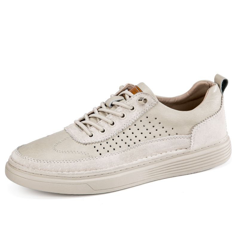 Men's Shoes Thin Punched Board Shoes Sports And Leisure Leather Shoes Real Cowhide Thick-soled Breathable Hollow Shoes_vogvips.com