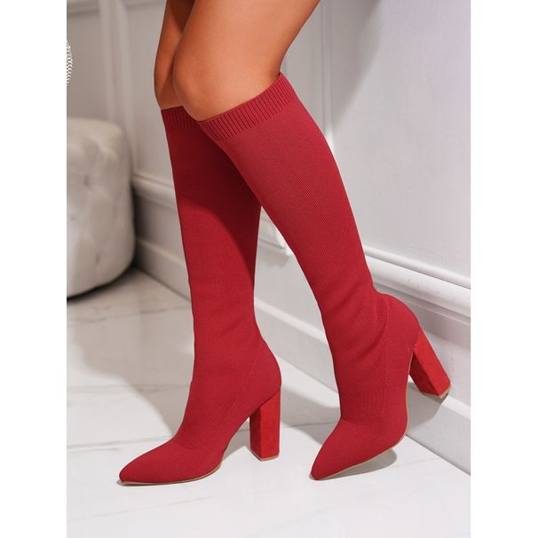 Elegant Pointed Toe High Heel Boots For Women - Stylish Street Fashion Knee-High Boots With Stretch Knit Fabric & Rubber Sole_vogvips.com
