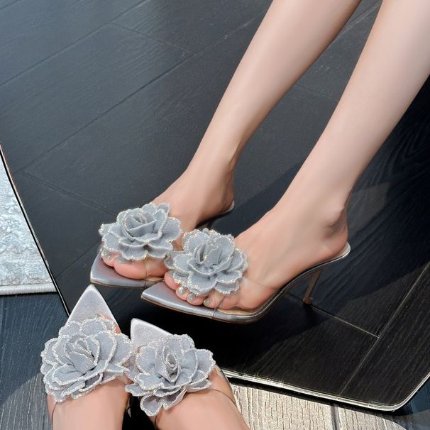 Elegant Pointed-Toe High Heel Sandals With Rhinestone Floral Design For Summer Beach Vacation Open Toe High Heeled Sandals_vogvips.com