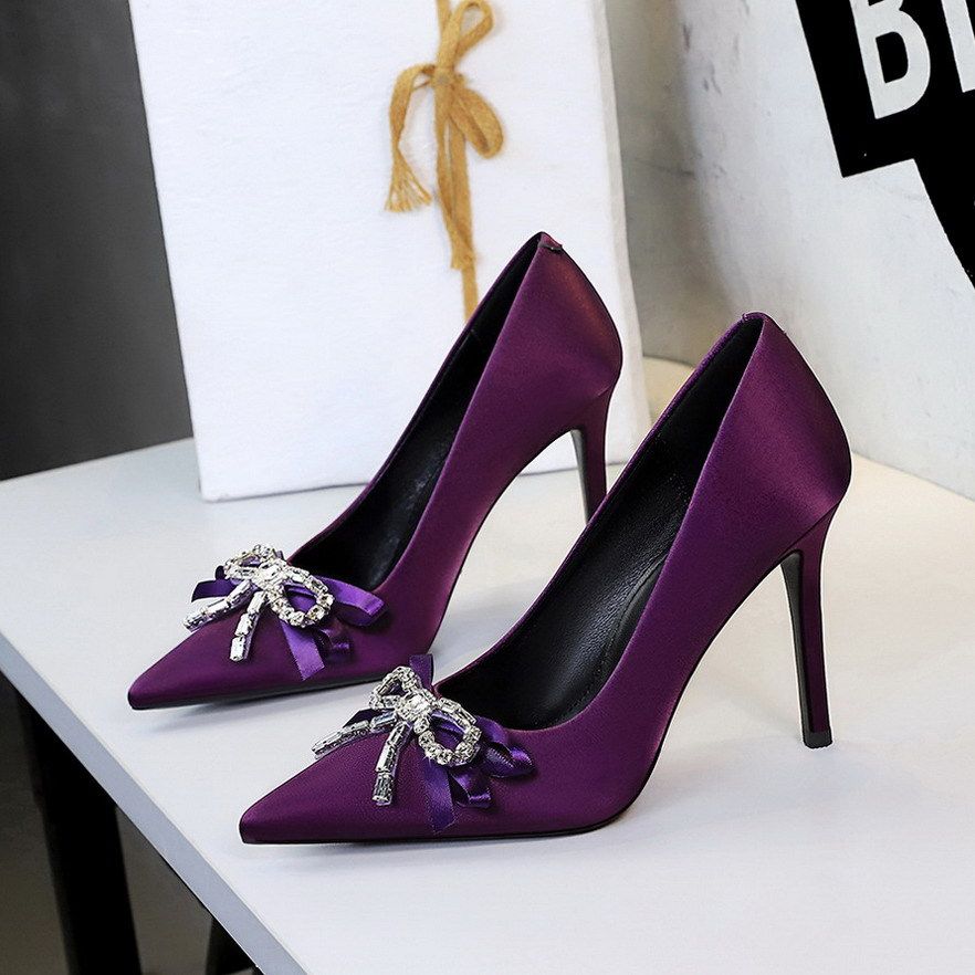 Women's Stiletto Heel Pumps French Style Rhinestone Ribbon Bow High Heel Slip-On Satin Flats Exquisite Fashion Footwear_vogvips.com