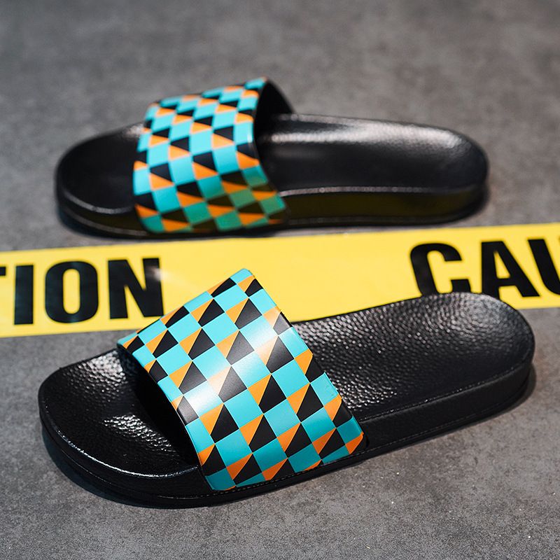 One Word Drag Men's Black And White Checkerboard Large EVA Soft Bottom Beach Slippers Slide Slippers_vogvips.com