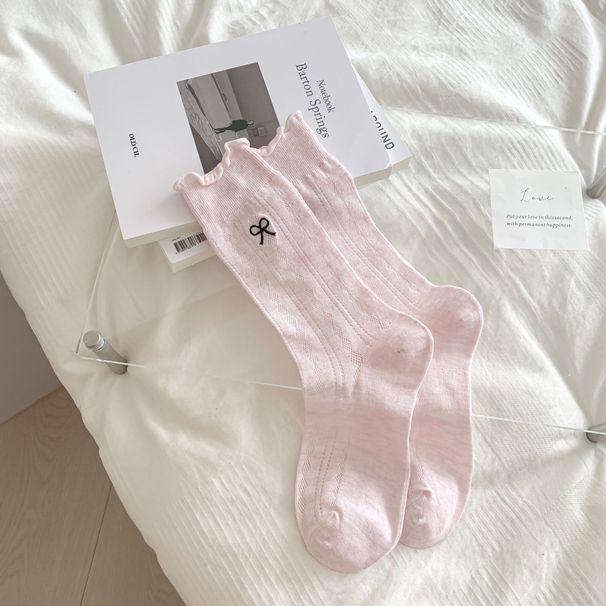 Women's Sweet Lace-Trimmed Crew Socks – Bow Embroidery & Diamond Mesh Design – Soft Cotton & Breathable Fit – Casual & Feminine Style_vogvips.com