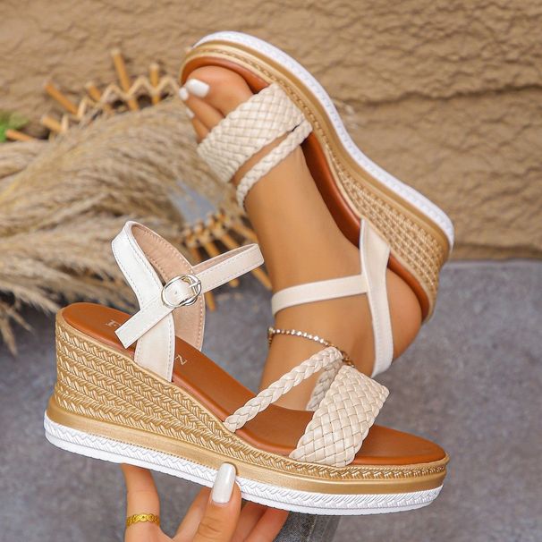 2026 Spring And Summer New Woven Wedge Large Size Platform Versatile Single Buckle Strap High Heel Open Toe Roman_vogvips.com