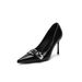 Black Slim Heeled High Heels Spring 2025, New Metal Buckle Pointed Patent Leather Sexy Single Shoes For Women,_vogvips.com