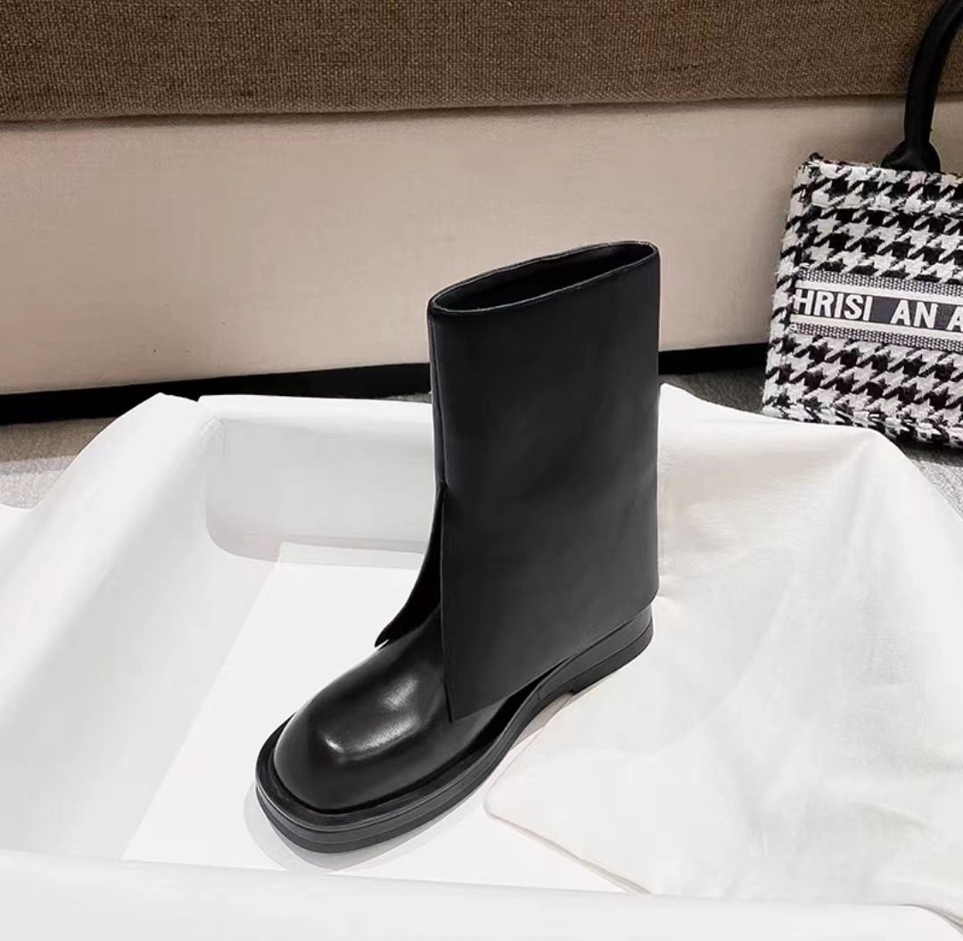 Women's Shoes Star Style Genuine Leather Flat Boots, Martin Boots, Trouser Leg Mid Tube Boots For Women, Slim Leg Knight Boots, One Step Fashion Short_vogvips.com