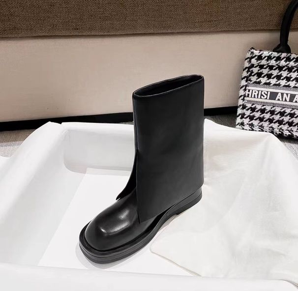 Women's Shoes Star Style Genuine Leather Flat Boots, Martin Boots, Trouser Leg Mid Tube Boots For Women, Slim Leg Knight Boots, One Step Fashion Short_vogvips.com