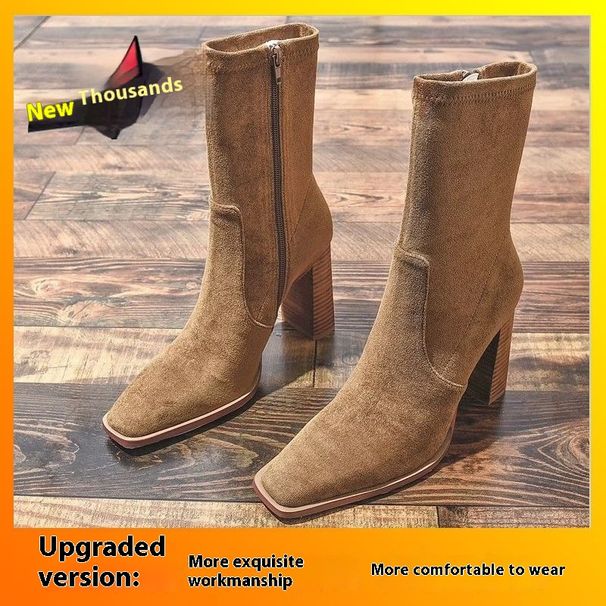 Women's Velvet Thick Heels Skinny Short 2024 Autumn/Winter European New Style Square Head Suede French Boots_vogvips.com