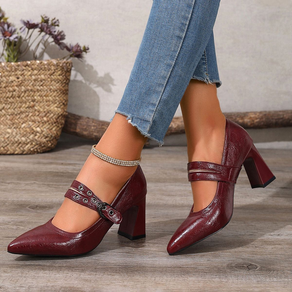 Fashionable Pointed-toe Angora Red Elegant Women's High-heeled Shoes, Solid Color, Simple Design, With Eyelet Strap And_vogvips.com
