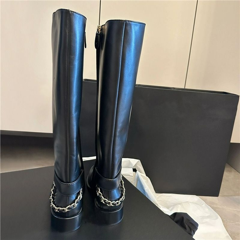 Sheepskin Version~ Xiaoxiangfeng Chain Leather Knight Boots Women's French Side Zipper Boots Skinny Boots Tall Boots_vogvips.com