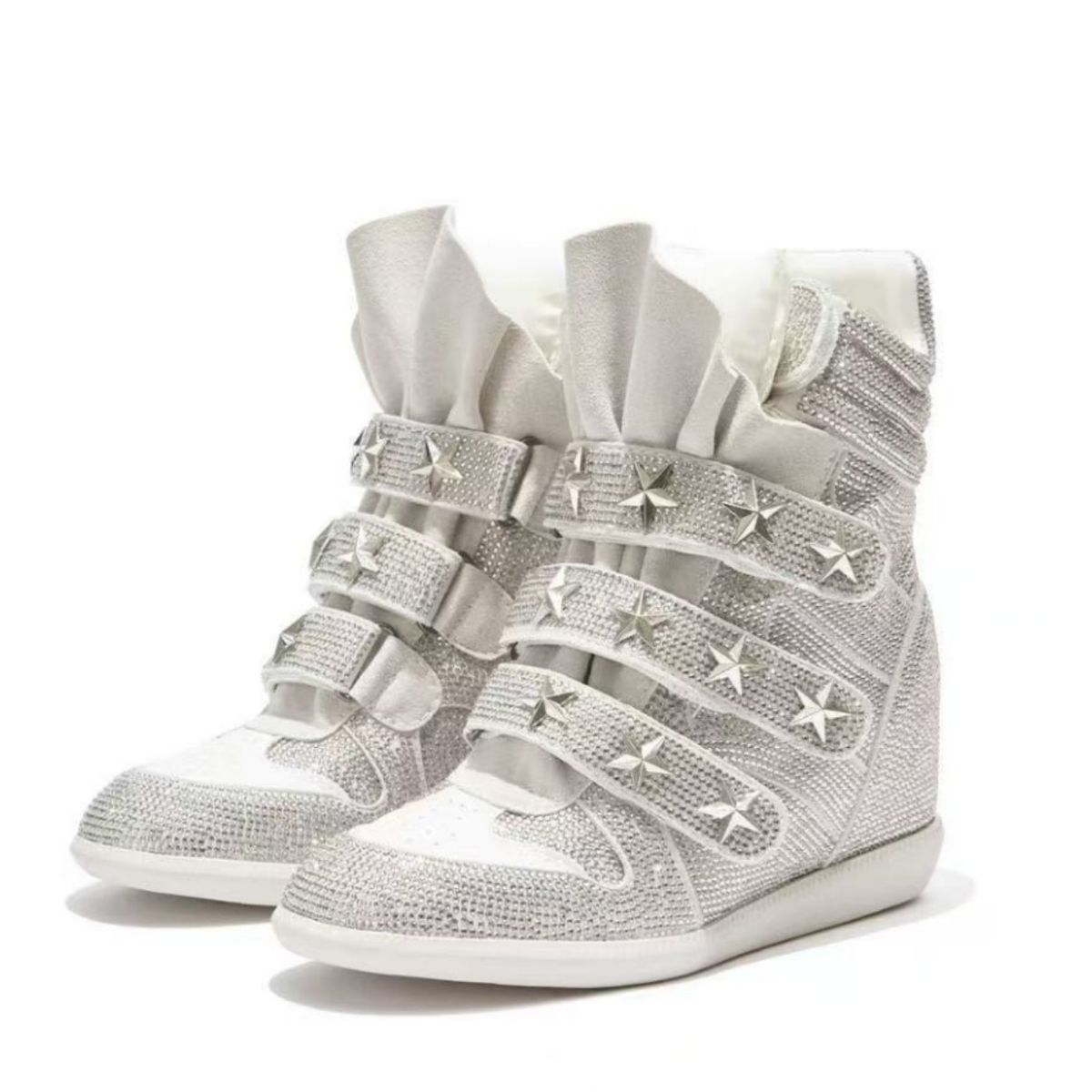 Women's High Top Casual Shoes European American Style Rhinestones Punk Star Rivet Velcro Hidden Wedge Heel Thick Sole_vogvips.com